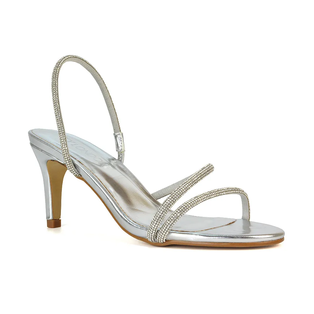 Polly Slingback Strappy Diamante Stiletto High Heel Sandals in Silver Metallic